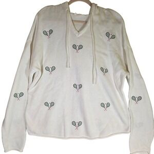 NWT Brit.NY Womens L White Cotton Sweater Tennis Prep Embroidered Hoodie